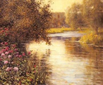  Aston Lienzo - Flores de primavera a lo largo de un paisaje de río serpenteante Louis Aston Knight